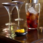 Negroni Cocktail in shaker with vintage glasses