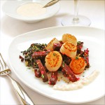 Seared Scallops with Roasted Beets, Sauteed Greens & Horseradish Cream