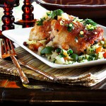Braised Chicken Thighs with Pearl Onions, Green Olives, Golden Raisins & Preserv