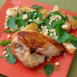 Grilled Chicken Breasts with Raw Corn Salad and Grilled Bread Croutons