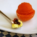 Savory Corn Brulee with Spicy Candied Bacon & Tomato Sorbet