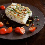 Grilled Halibut with Fried Garlic and Cherry Tomatoes