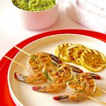 Grilled Brined Shrimp Skewers with Tomatillo & Avocado Salsa