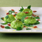 perfect pea gnocchi with bacon and mint
