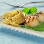 Grilled Scallops and Fettuccine with English Pea Butter Sauce