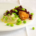 Spiced Salmon with Wine Braised Shallots, Edamame & Sunchoke Puree