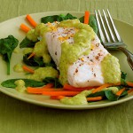 Steamed White Fish with Julienned Carrots and Spinacg with Lemon-Green Onion Sau
