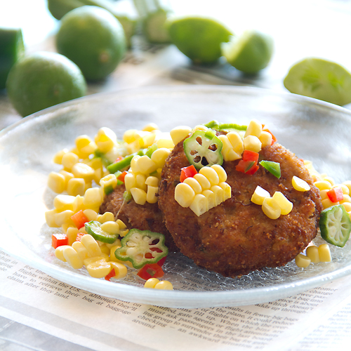 Blue Crab Cakes with Raw Corn, Okra and Key Lime Succotash
