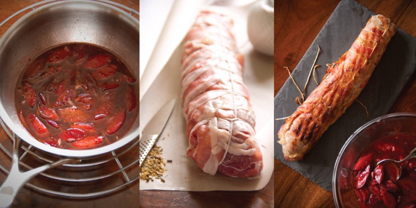 pancetta-wrapped pork tenderloin with plum chutney