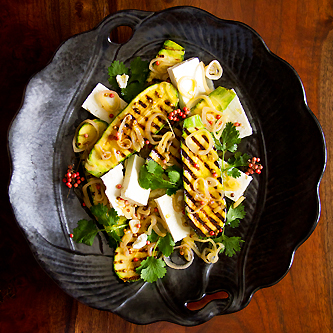 Grilled Zucchini with Pink Peppercorns and Feta