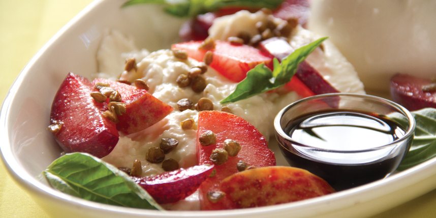 Burrata with Plums with Crunchy Lentils