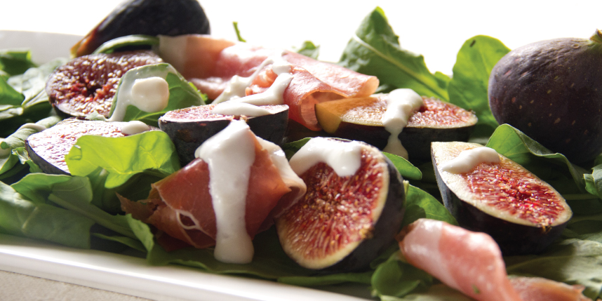 Figs, Speck & Arugula salad with Goat Cheese Dressing