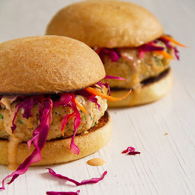 Sricha Turkey Burgers with Asian Slaw