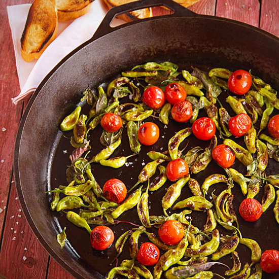 Charred Shishito or Padrón Peppers with Cherry Tomatos