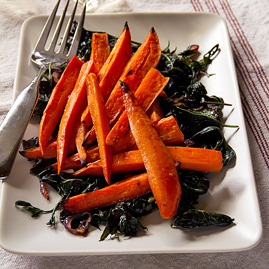 Spicy Glazed Sweet Potatoes and Sweet Potato Greens