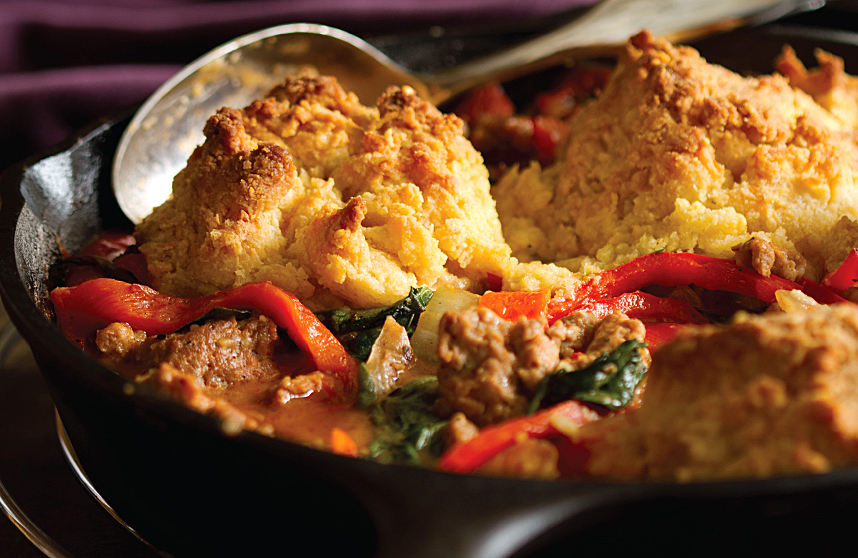 Sausage and Red Pepper Polenta Cobbler 