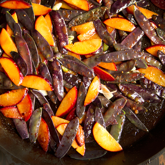 Stir-Fried Purple Snow Peas and Plums