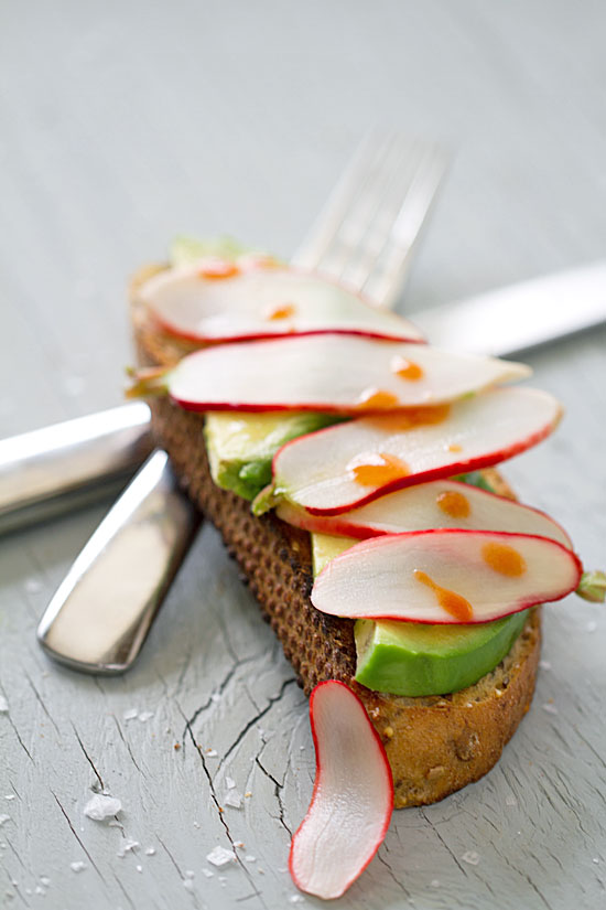 Avocado Toast with Pickled Radishes and Hot Sauce