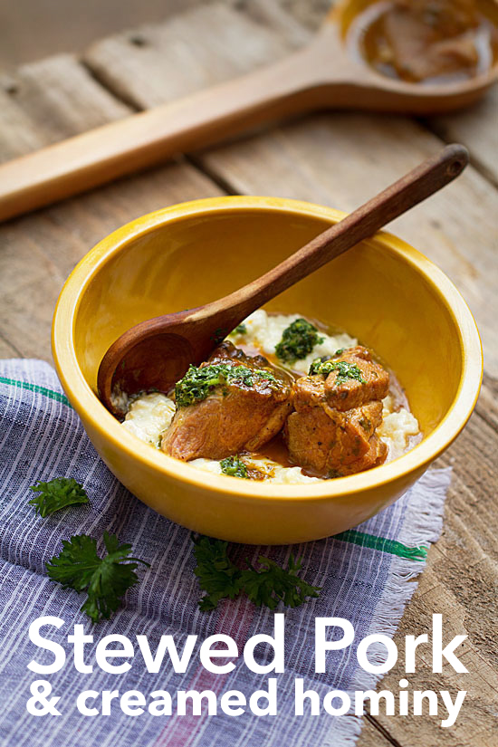 Stewed Pork with Creamed Hominy and Salsa Verde