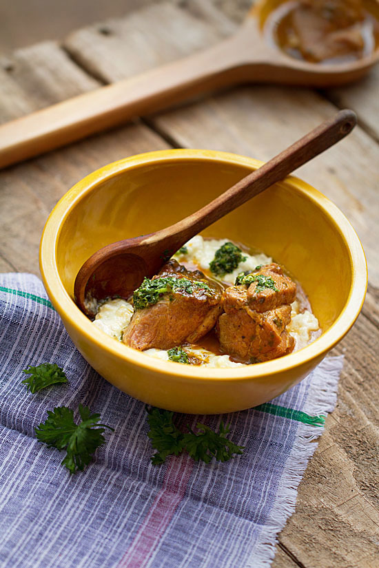 Stewed Pork with Creamed Hominy and Salsa Verde