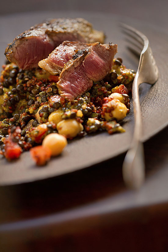 Grilled Lamb Vadouvan with Lentils, Quinoa, and Chickpeas