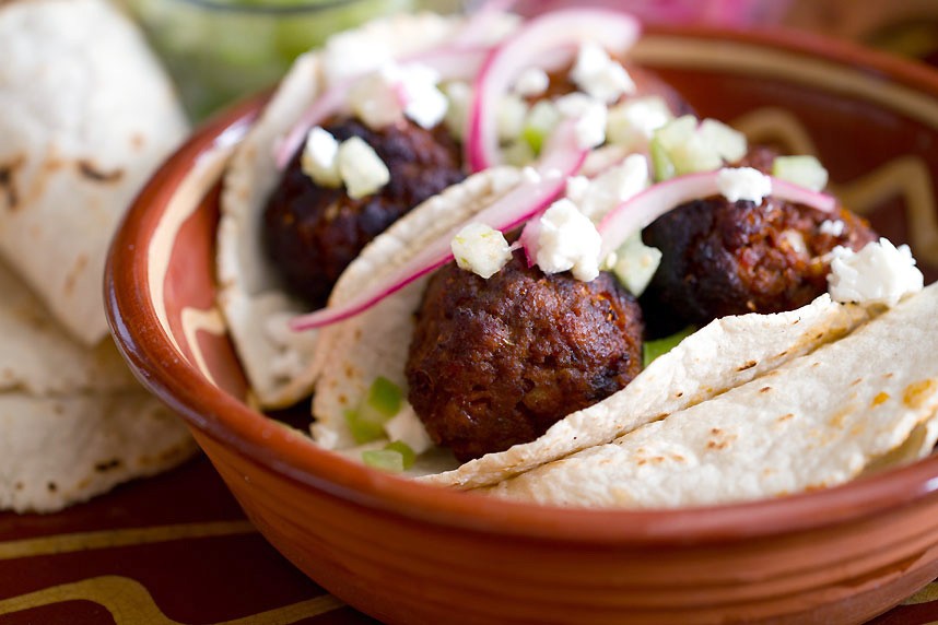 Lamb Albondigas Tacos with Fresh Tomatillo and Pickled Red Onion
