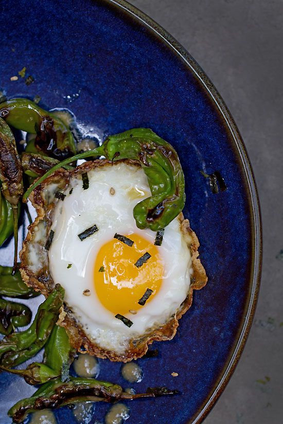 Blistered Shishito Peppers with Fried Eggs