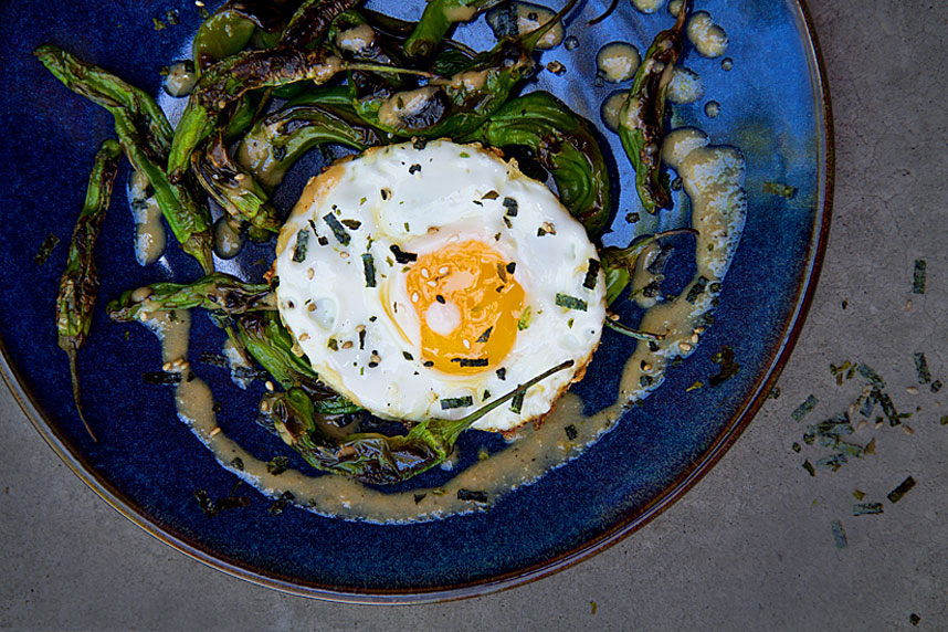 Blistered Shishito Peppers with Fried Egg