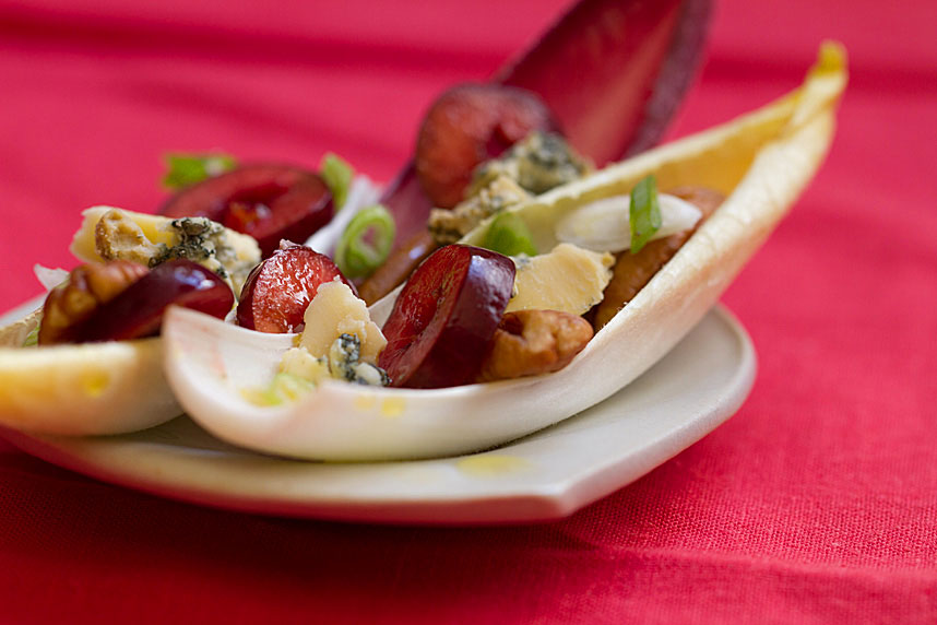Cherries in Endive Cups with Stilton Cheese and Pecans