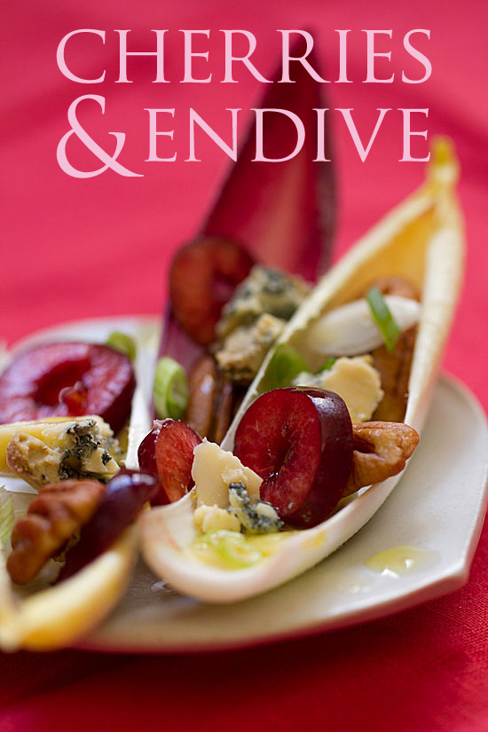 Cherries in Endive Cups with Stilton Cheese and Pecans