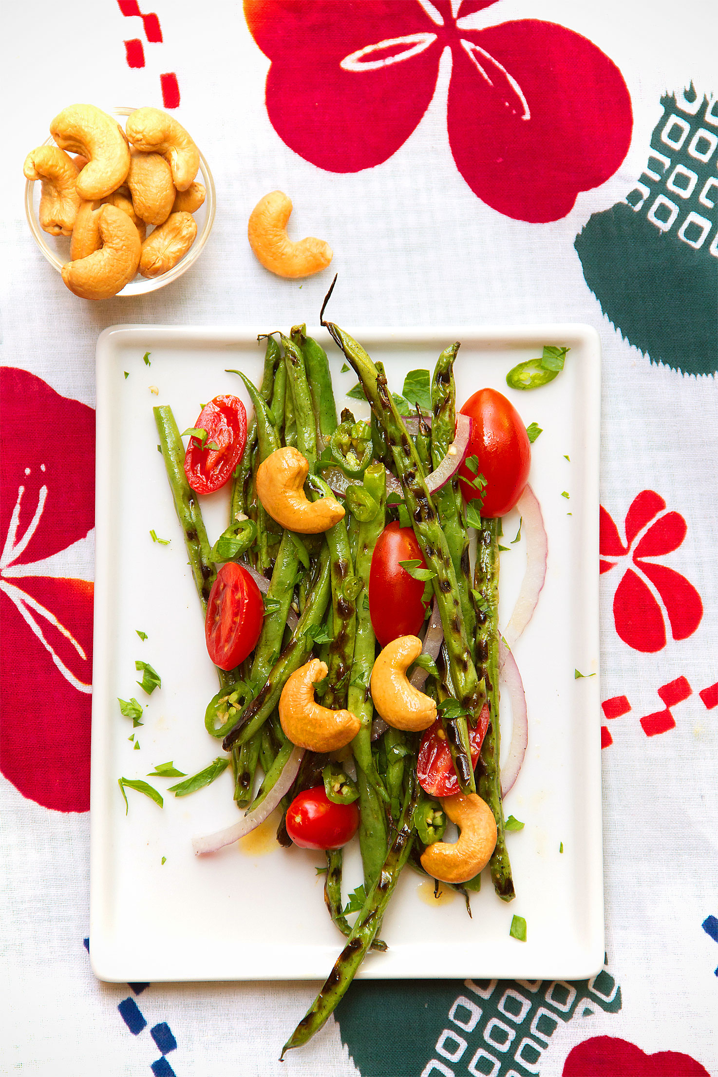 Grilled Spicy Green Beans with Cashews and Basil