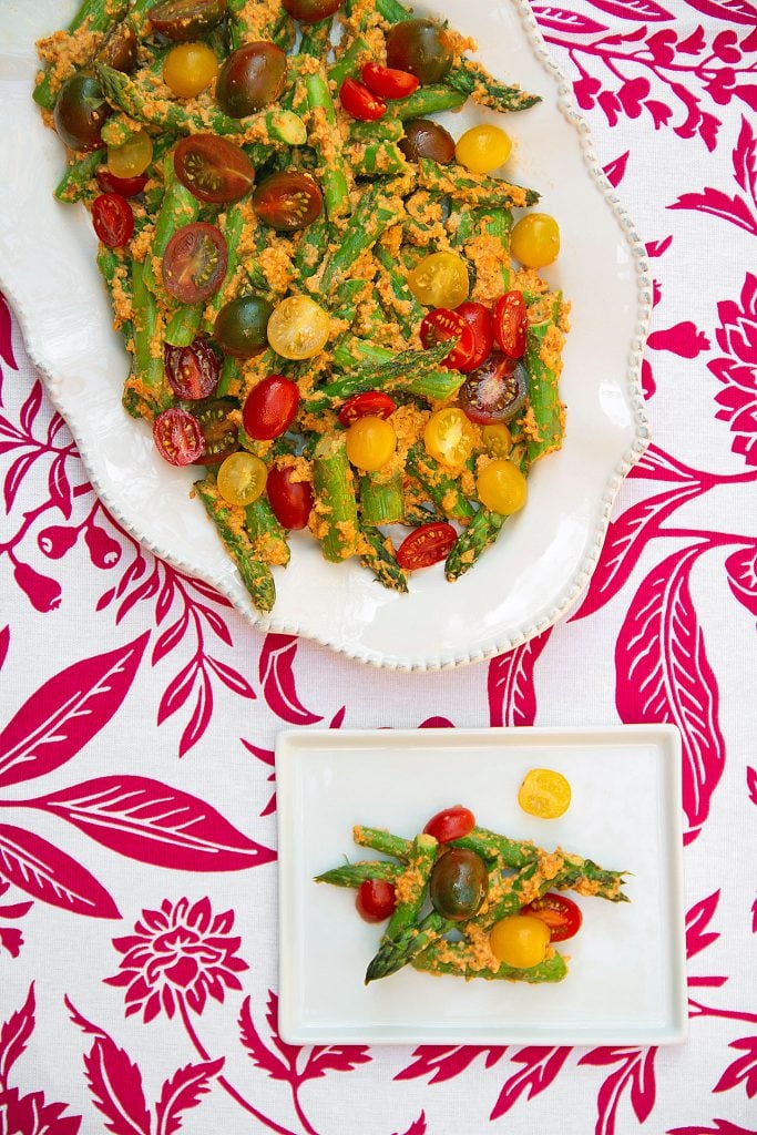 Roasted Asparagus with Tomato-Almond Pesto and Fresh Cherry Tomatoes