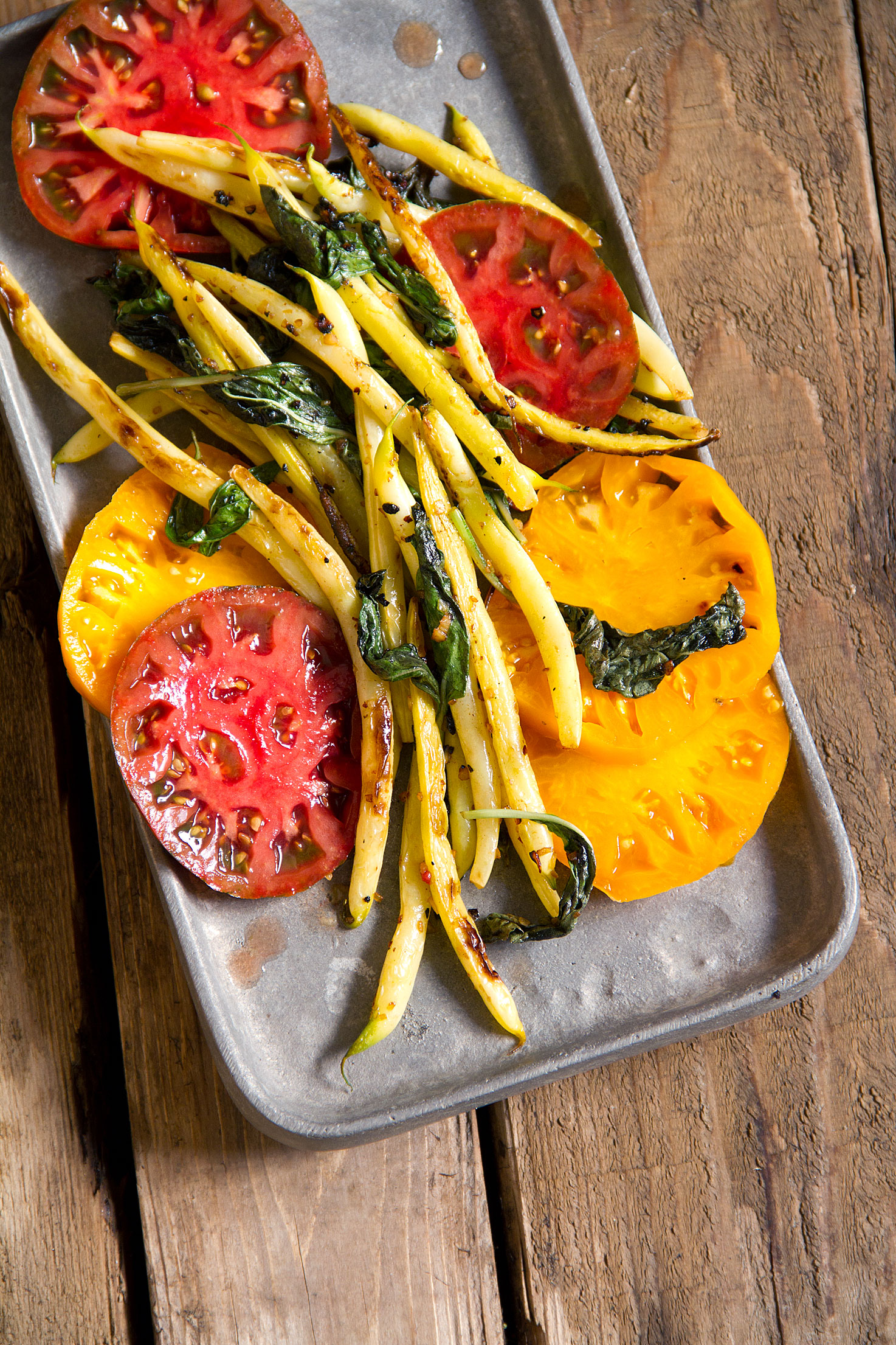 Charred Pole Beans with Heirloom Tomatoes and Basil