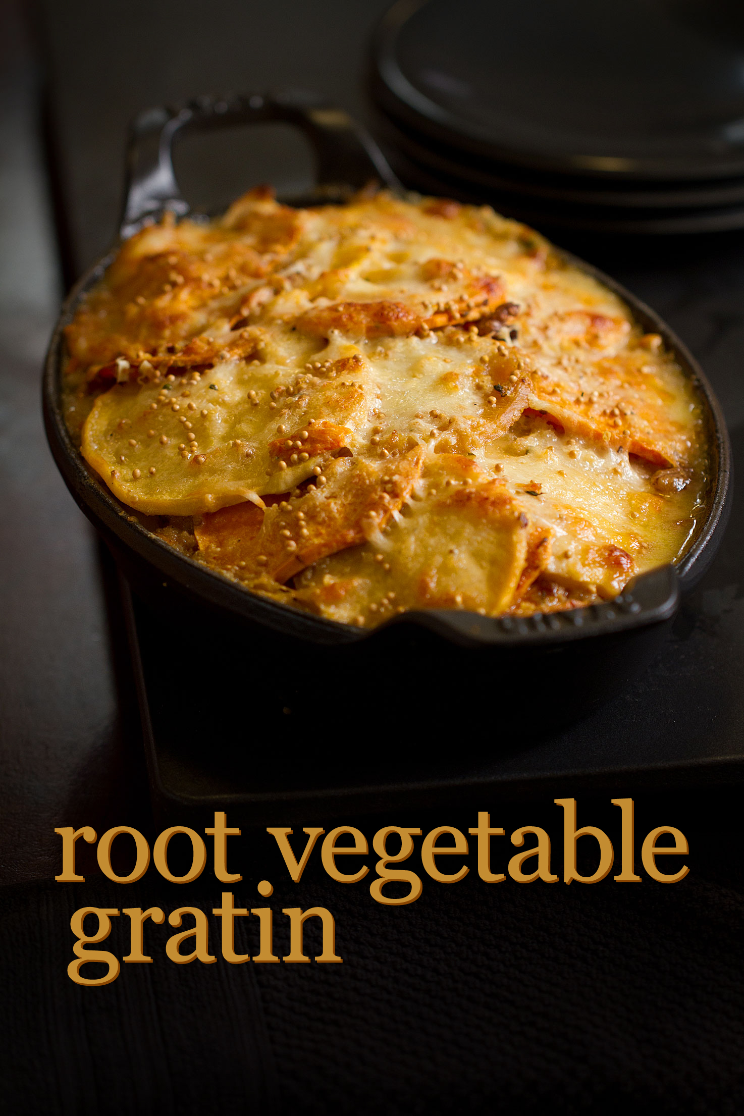 Root Vegetable Gratin with Mustard Cream