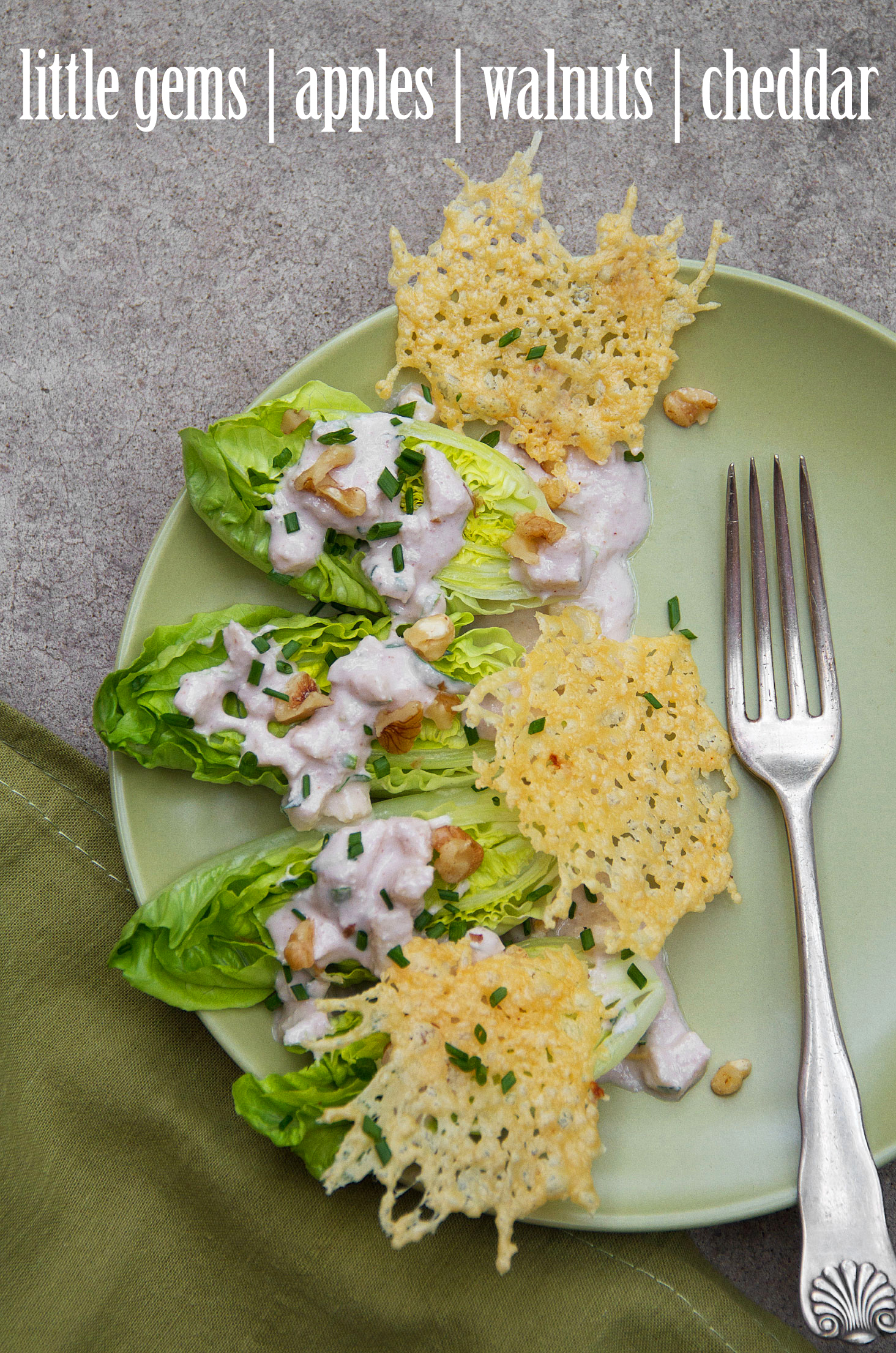 Little Gem Salad with Creamy Walnut-Apple Dressing and White Cheddar Crisps