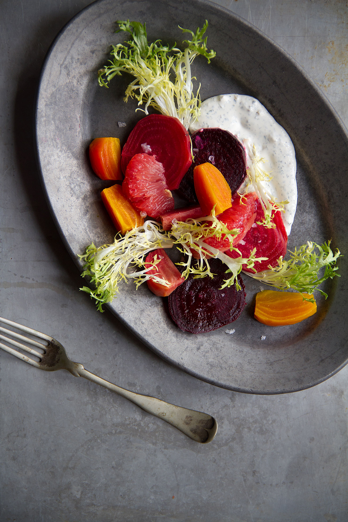 Roasted Beet Salad with Grapefruit, Frisée and Minted Crème Fraîche