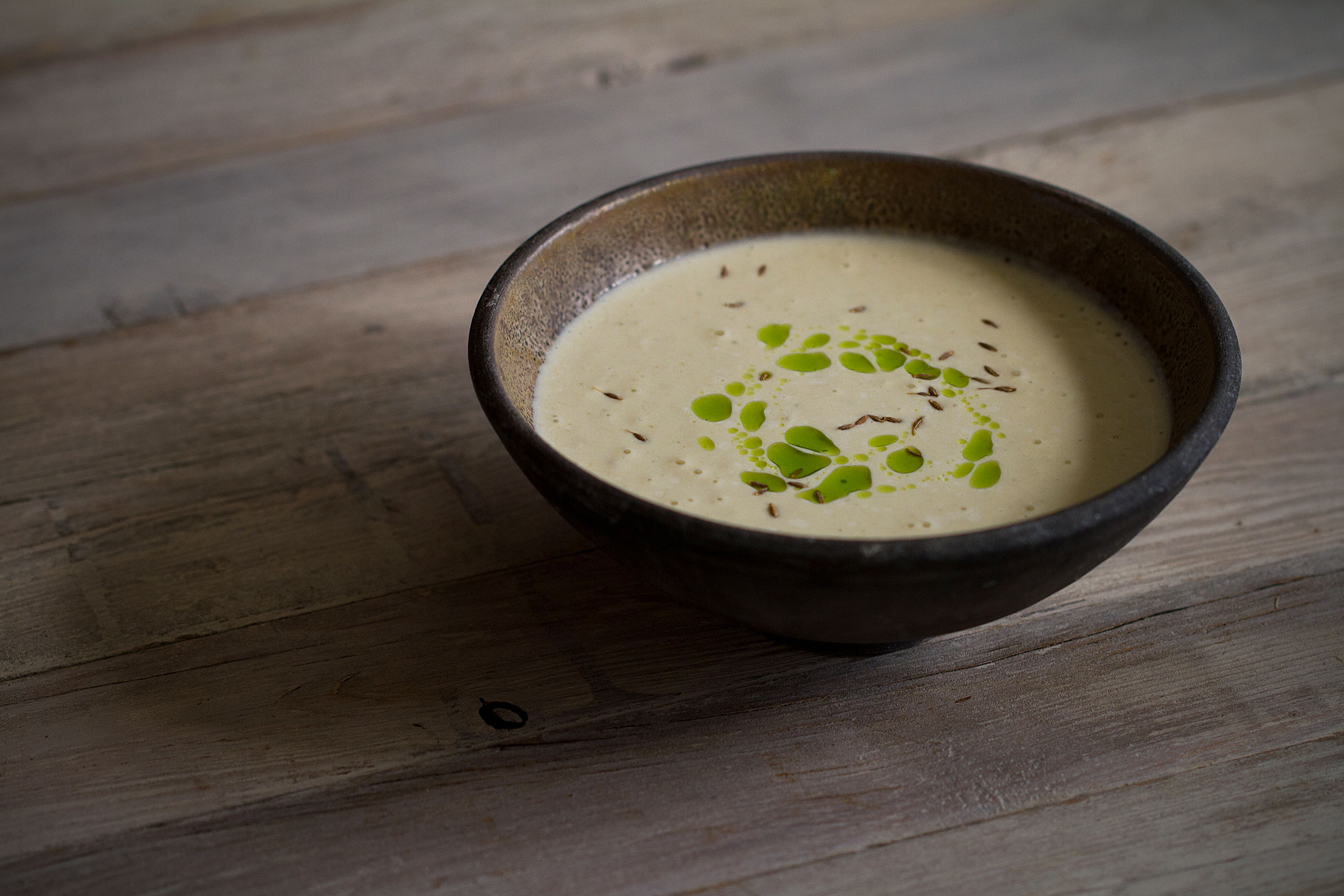 Creamy Cabbage Soup with Chive Oil and Cumin Seeds