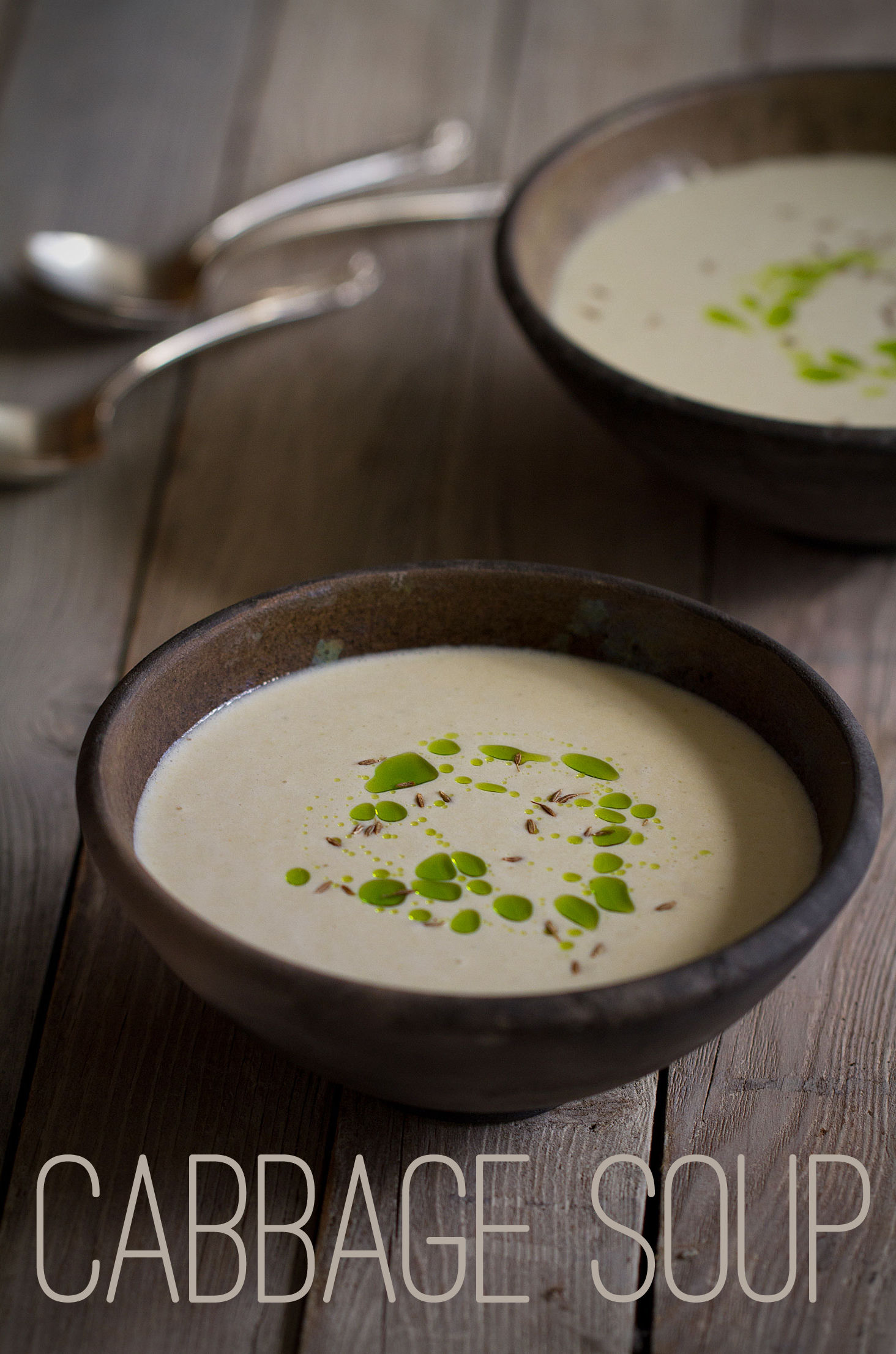 Creamy Cabbage Soup with Chive Oil and Cumin Seeds