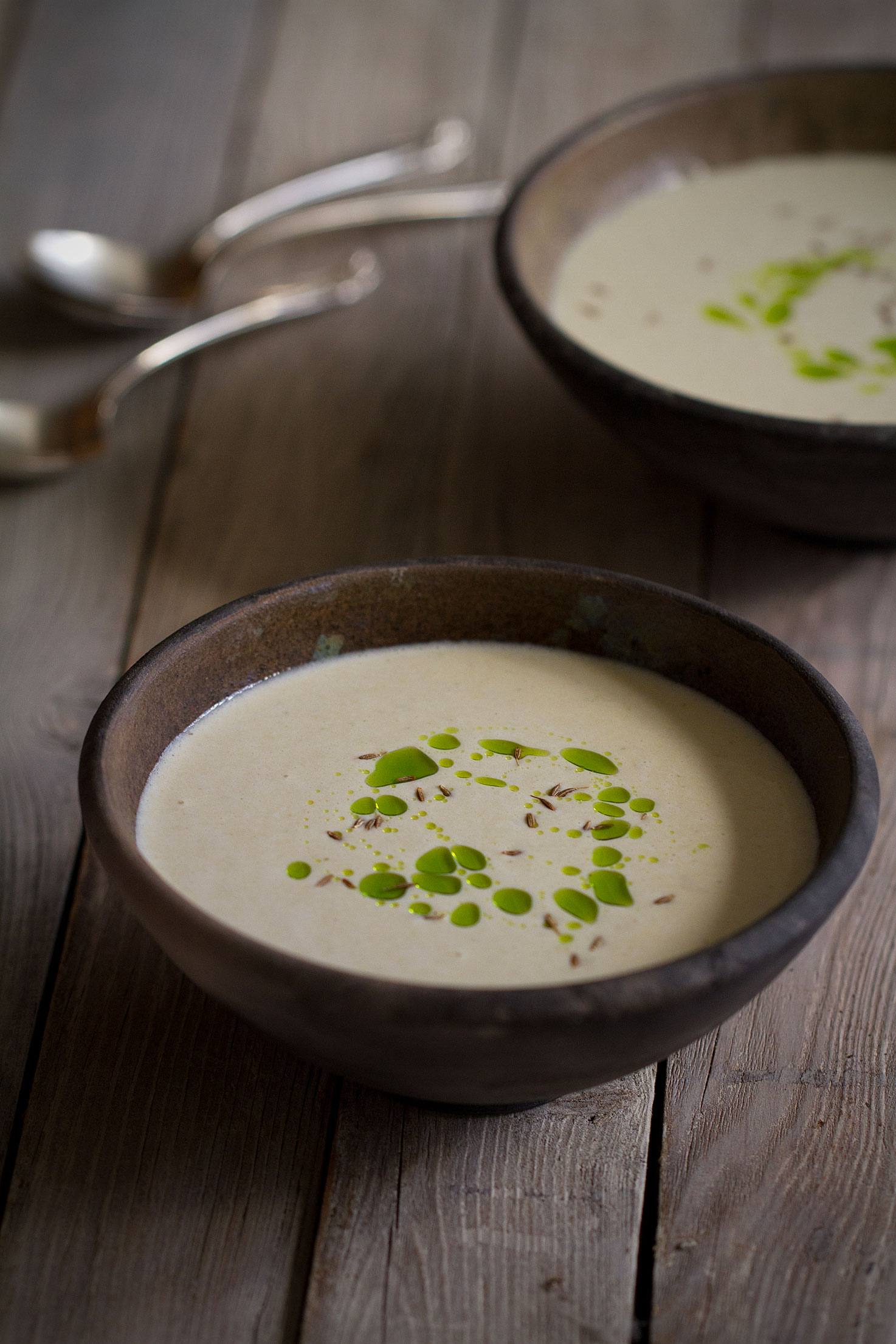 Creamy Cabbage Soup with Chive Oil and Cumin Seeds