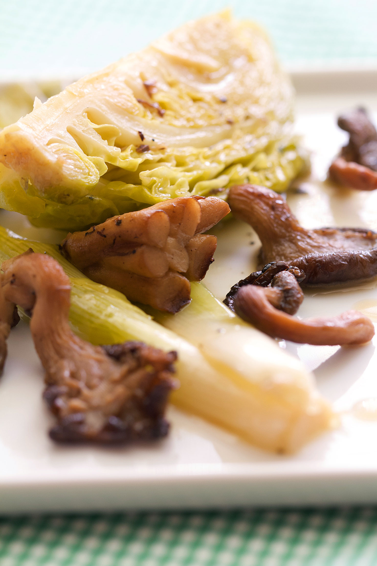 Butter-Braised Baby Leeks with Brussels Sprout Crowns and Oyster Mushrooms