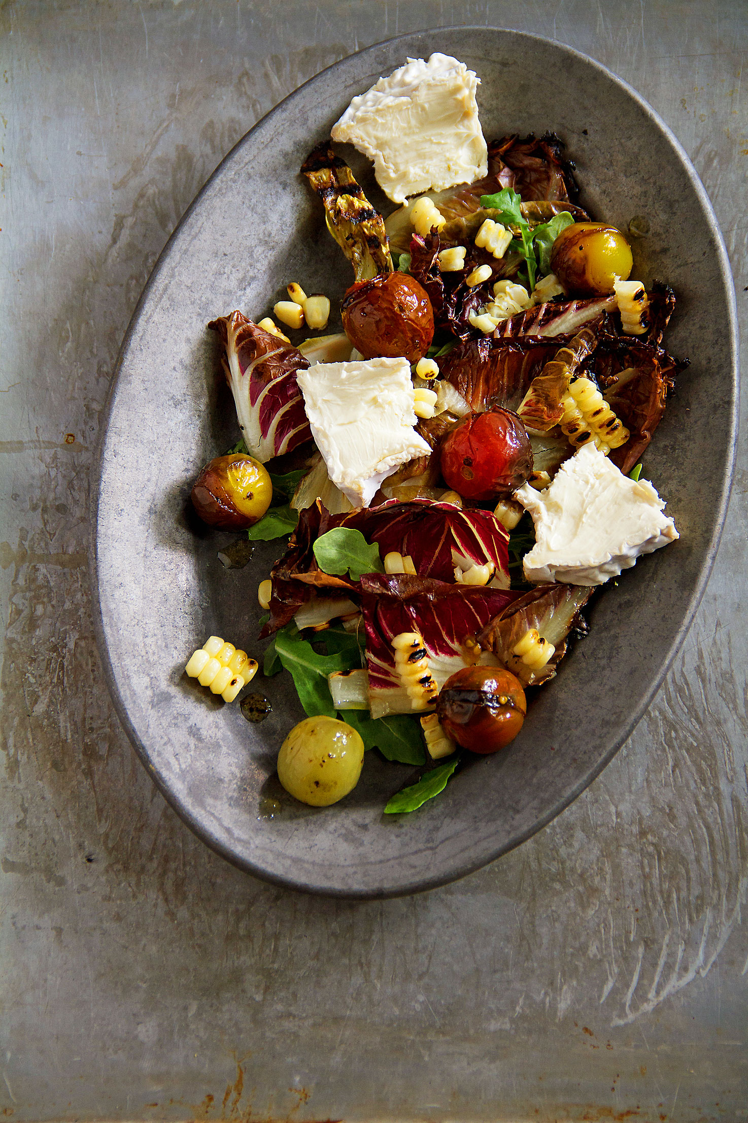 Grilled Treviso and Corn Salad with Roasted Tomato “Vinaigrette”