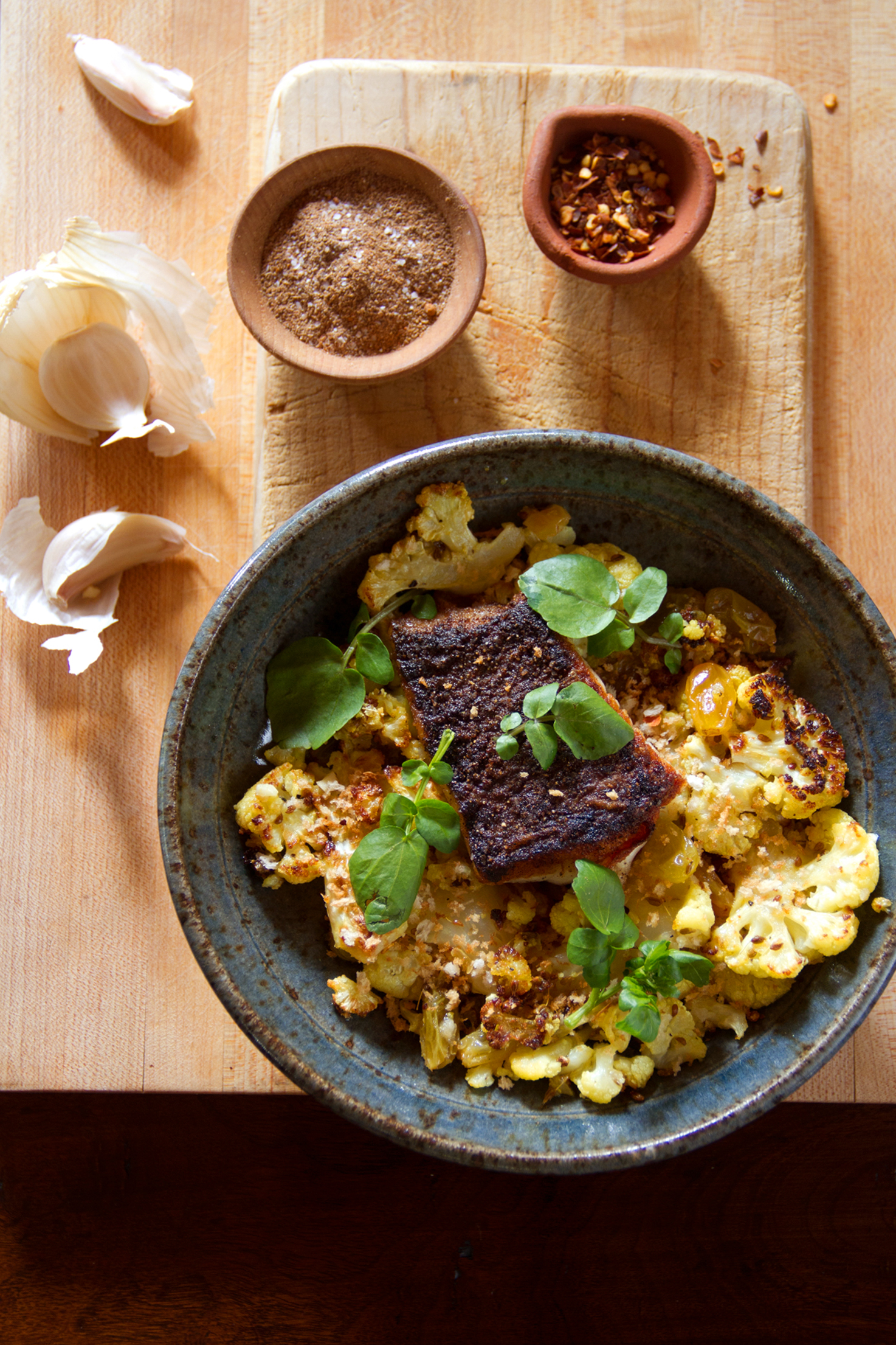 Seared White Fish with Crispy Skin and Charred Cauliflower