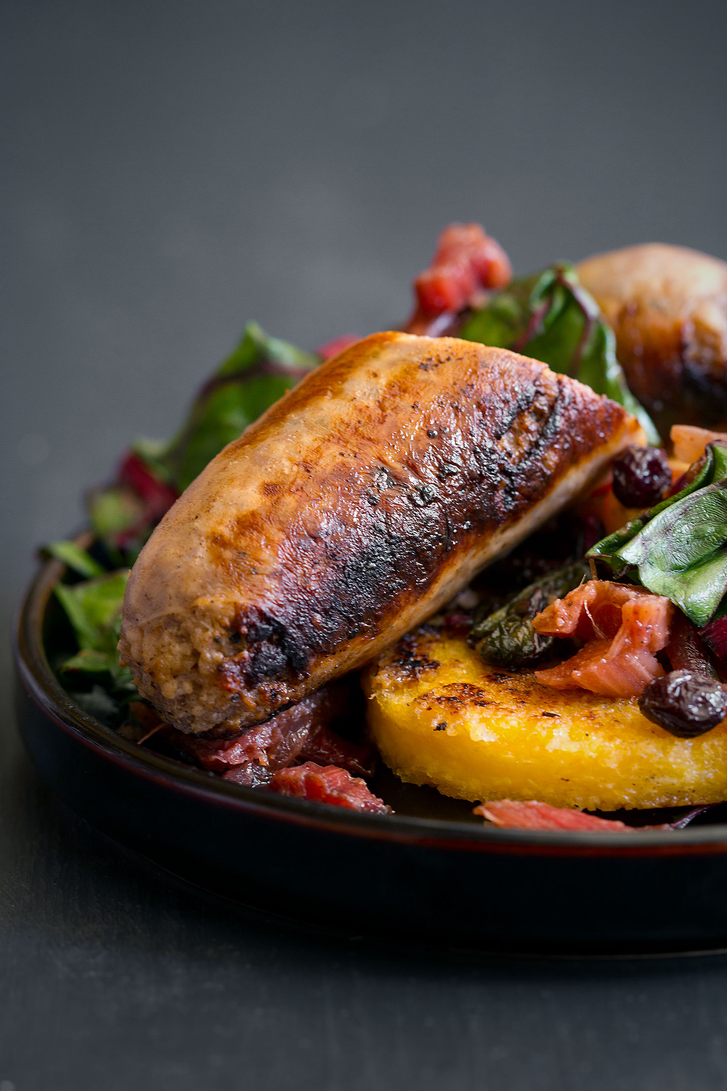 Seared Sausage and Rhubarb with Swiss Chard