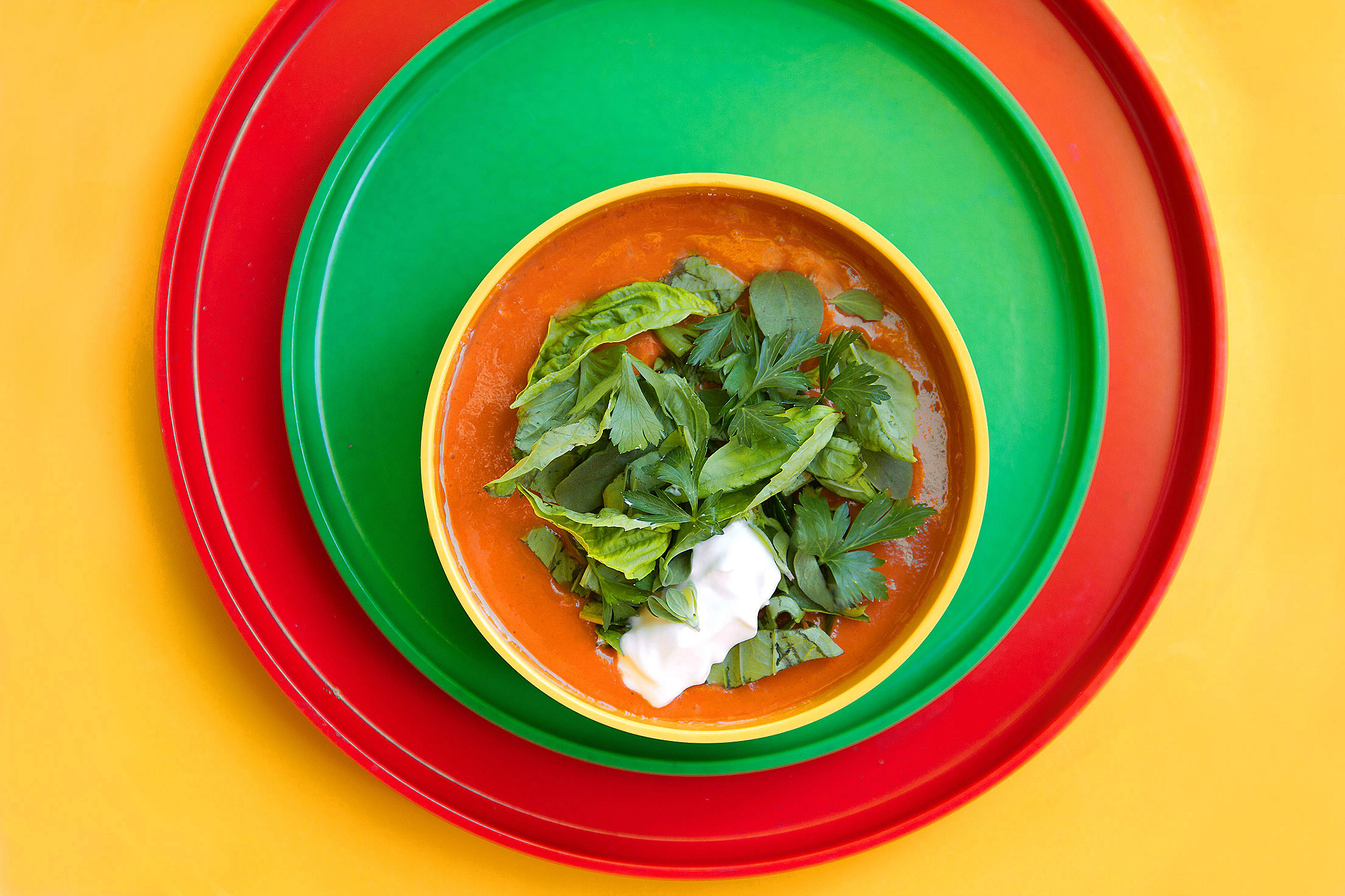 Herb-Topped Chilled Red Bell Pepper Soup