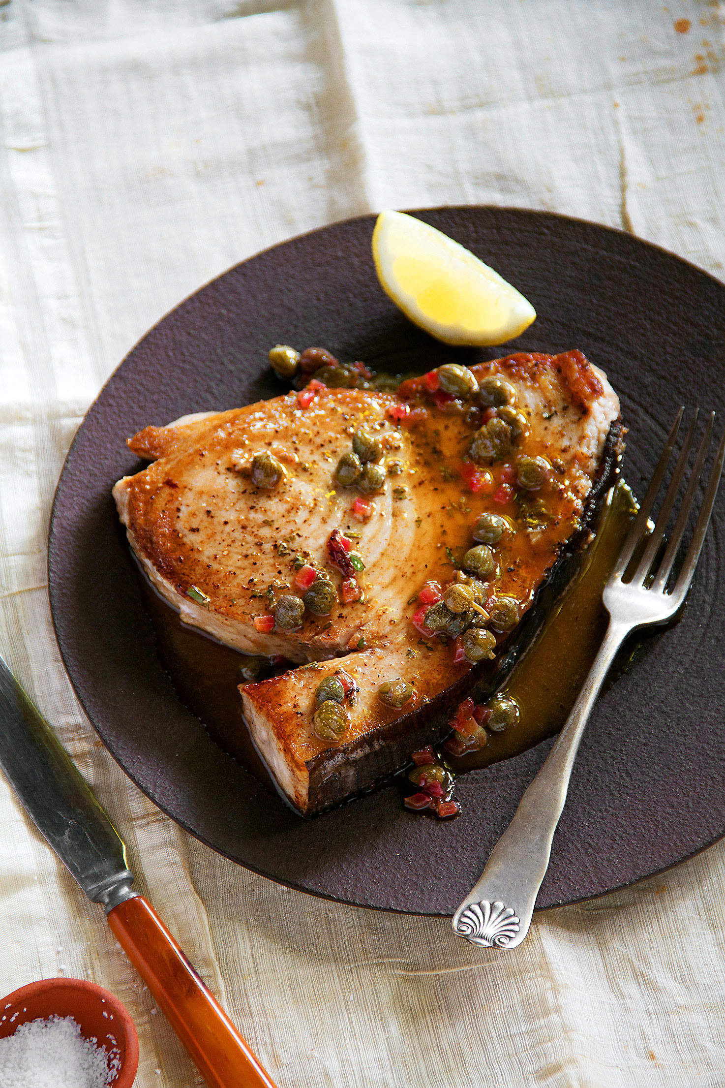 Seared Swordfish with Lemon Caper Pan Sauce