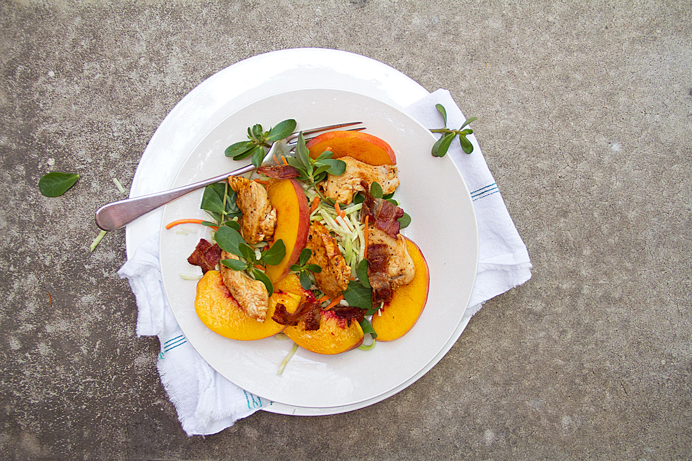 BBQ Chicken and Broccoli Slaw with Purslane and Peaches