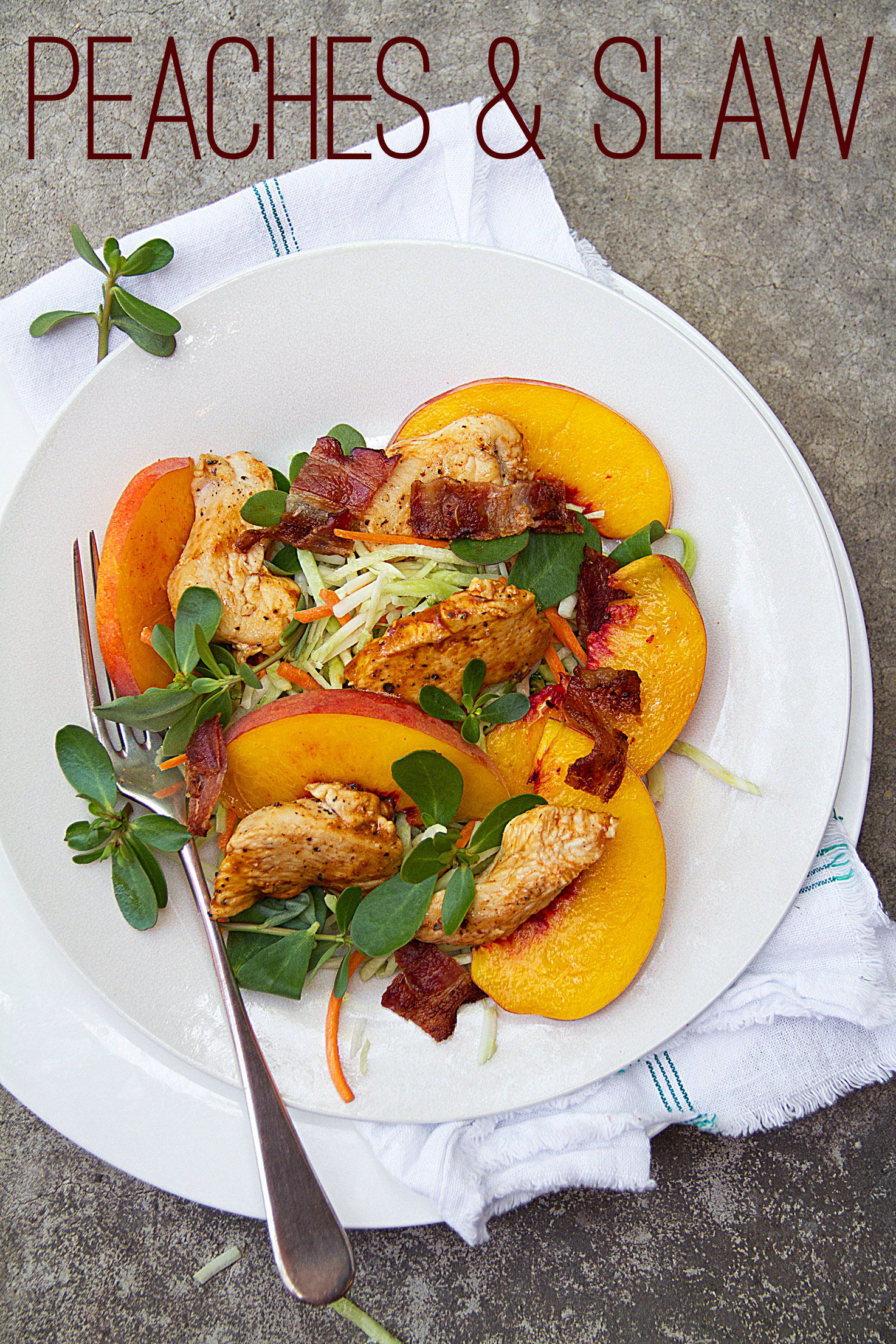 BBQ Chicken with Peach, Purslane and Broccoli Slaw