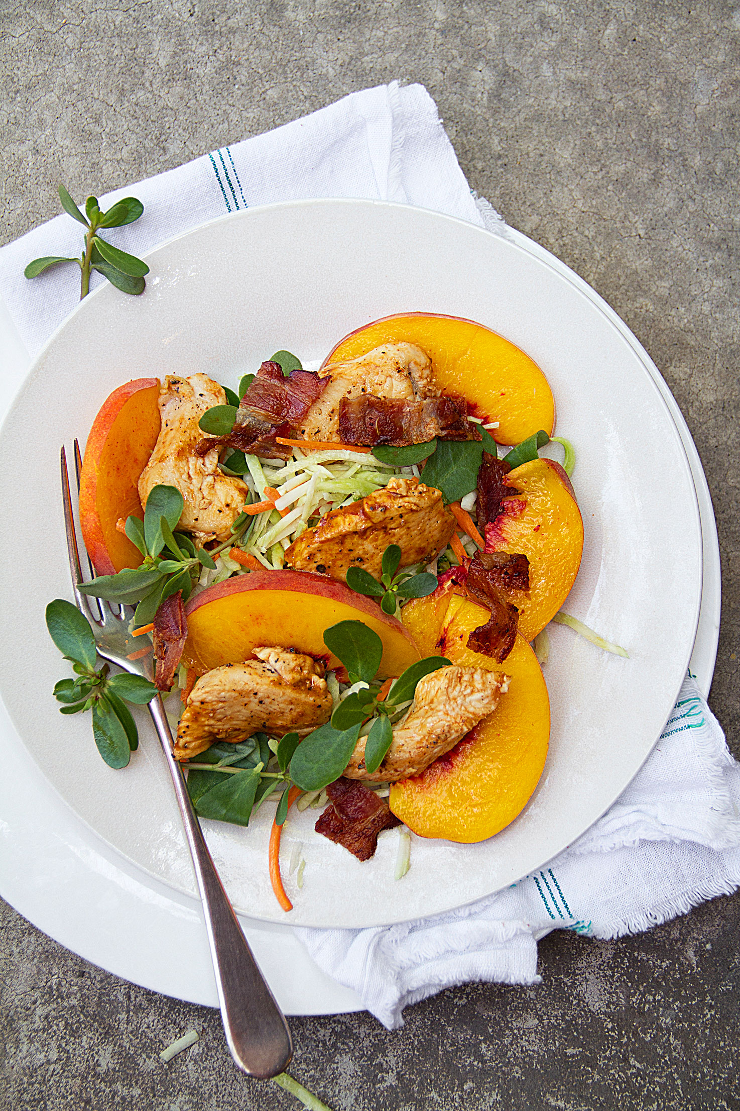 BBQ Chicken with Peach, Purslane and Broccoli Slaw