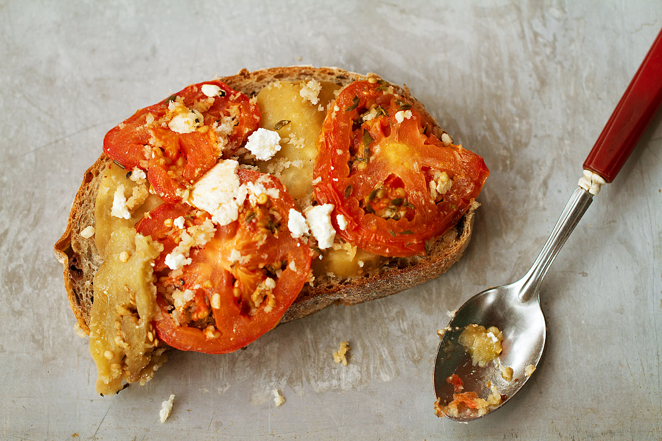 Tomato-Eggplant Tian on Olive Bread