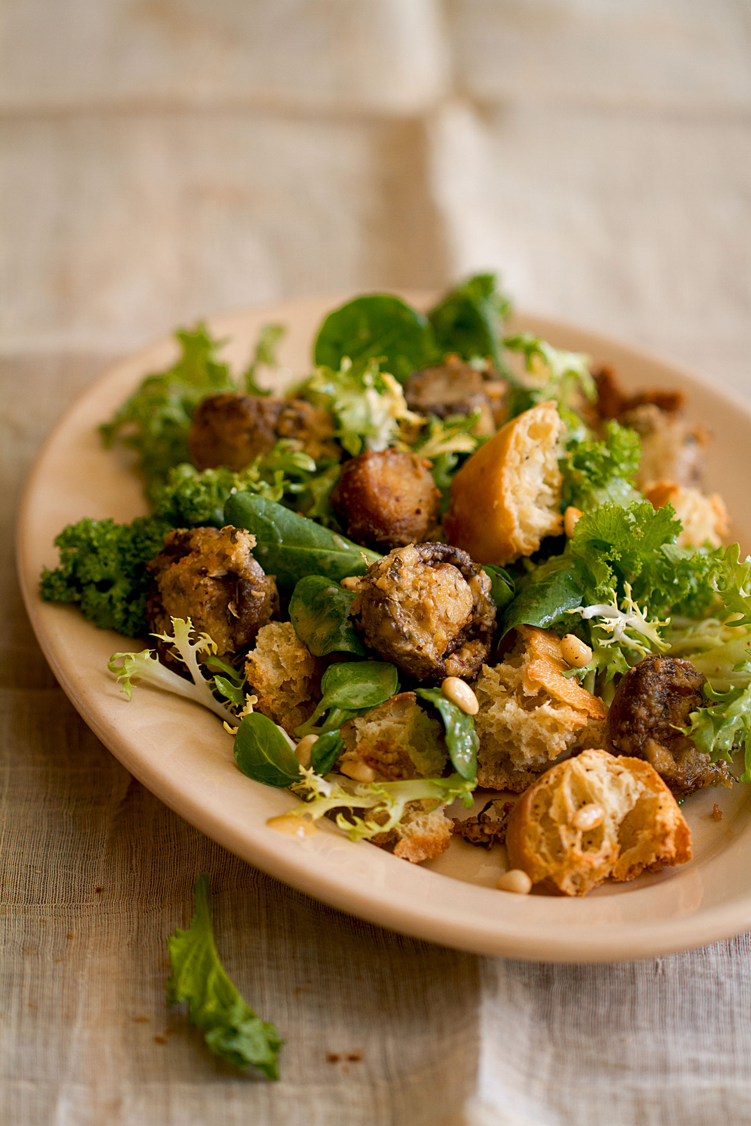 Baked Mushroom and Broken Bread Salad with Bitter Greens